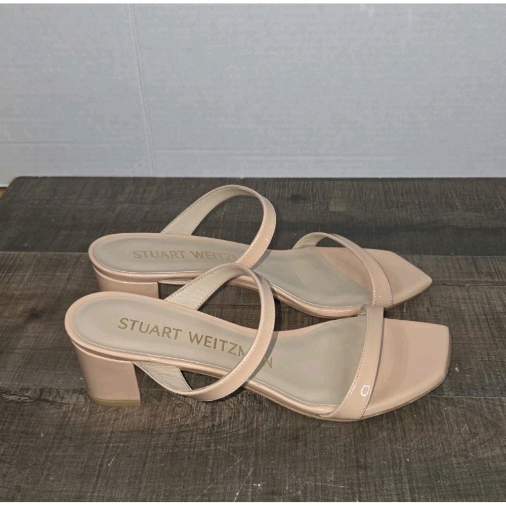 Stuart Weitzman Aleena 50 Block Slide Poudre Patent Sandal 7B SB896-250